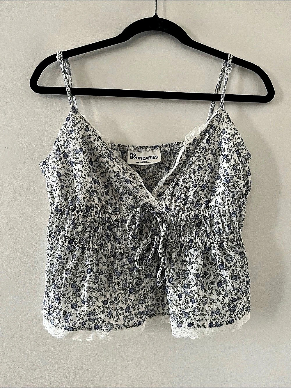 White Blue Ditsy Floral Lace Trim Babydoll Cami Top Large Dainty Coquette